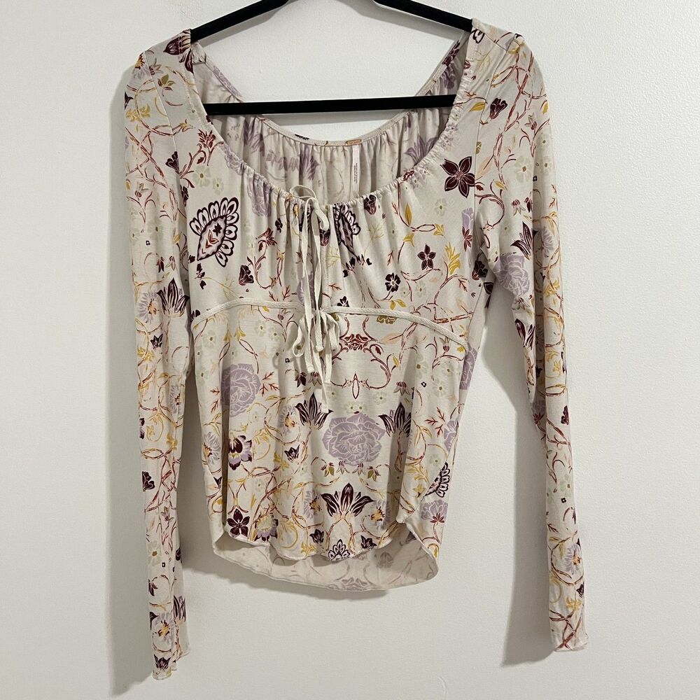 Free People Top Womens Large Beige Floral Long Sleeve Ruched Boho Milkmaid Y2K